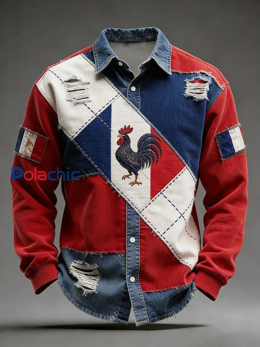 Rétro Drapeau Français Coq Patchwork Color-Block Casual Et Confortable Chemise A / S