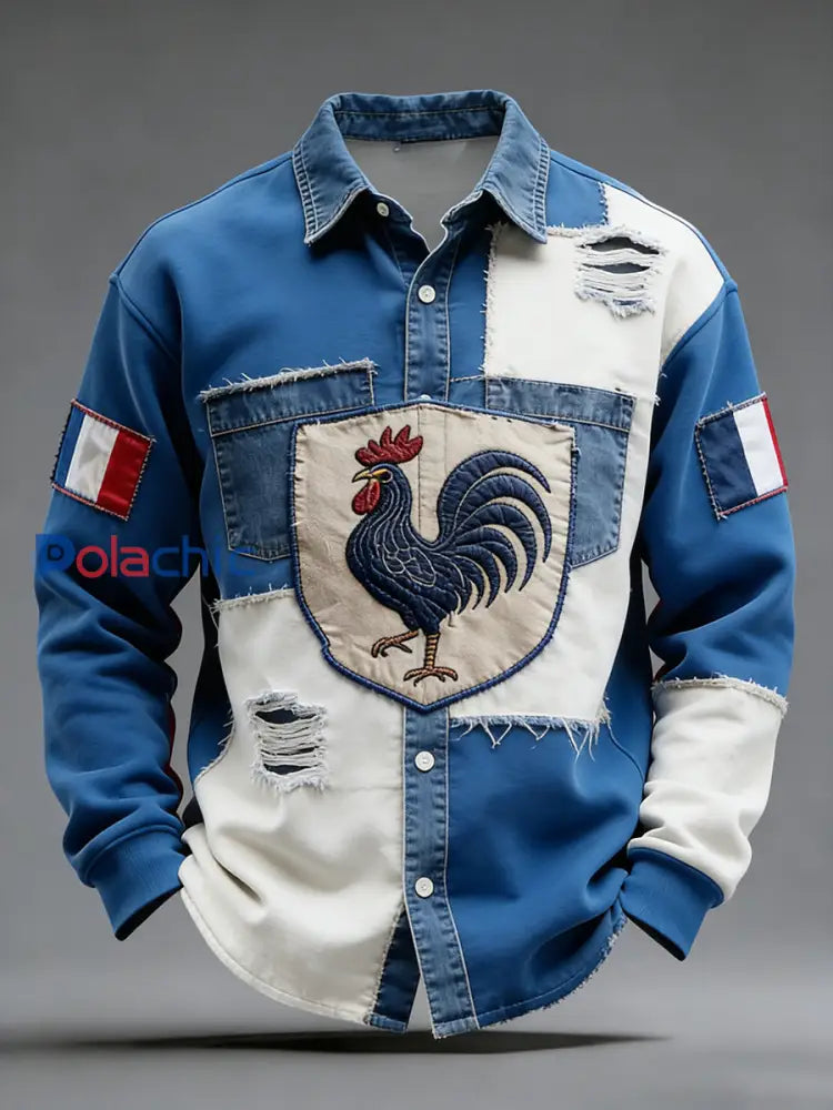 Rétro Drapeau Français Coq Patchwork Color-Block Casual Et Confortable Chemise A / S