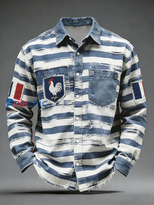 Rétro Drapeau Français Coq Patchwork Color-Block Casual Et Confortable Chemise A / S