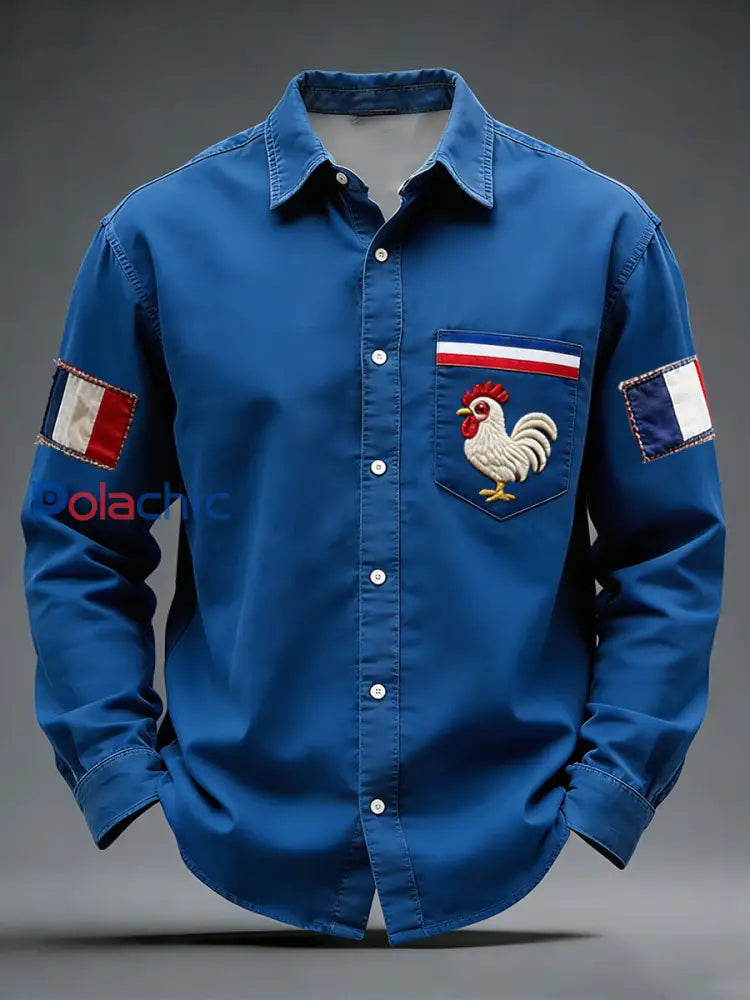 Rétro Drapeau Français Coq Patchwork Color-Block Casual Et Confortable Chemise A / S
