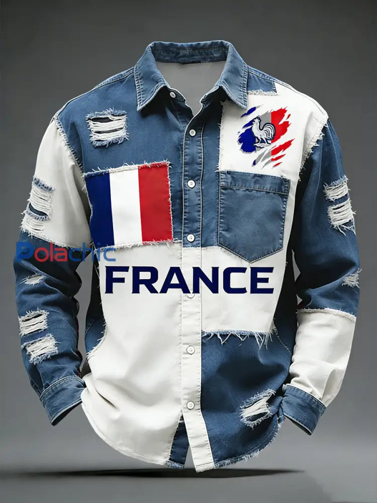 Rétro Drapeau Français Coq Patchwork Color-Block Casual Et Confortable Chemise A / S