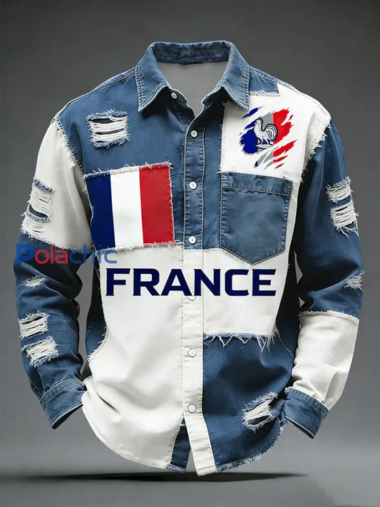 Rétro Drapeau Français Coq Patchwork Color-Block Casual Et Confortable Chemise A / S