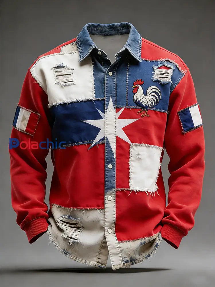 Rétro Drapeau Français Coq Patchwork Color-Block Casual Et Confortable Chemise A / S