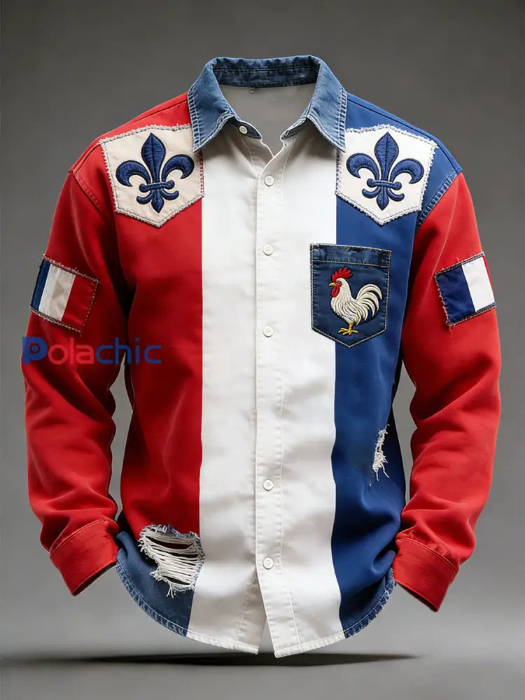 Rétro Drapeau Français Coq Patchwork Color-Block Casual Et Confortable Chemise A / S
