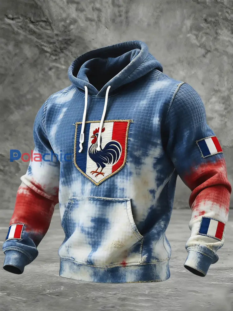 Rétro drapeau français coq tie-dye à capuche gaufré décontracté Multicolore / S