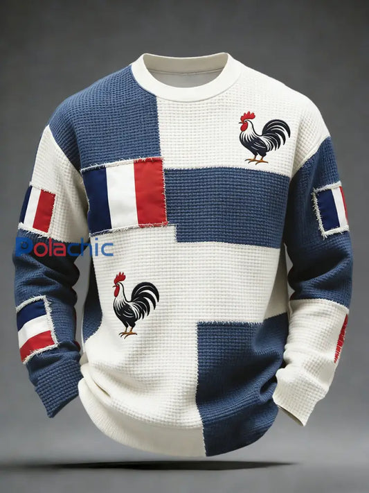 Rétro Drapeau Français Patchwork Casual Waffle Weave T-shirt Multicolore / S