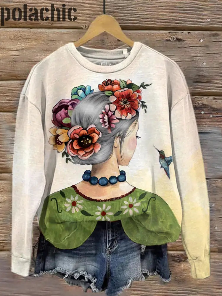 Retro Fantasy Art Peinture Imprimer Casual Crew Neck Top A / M