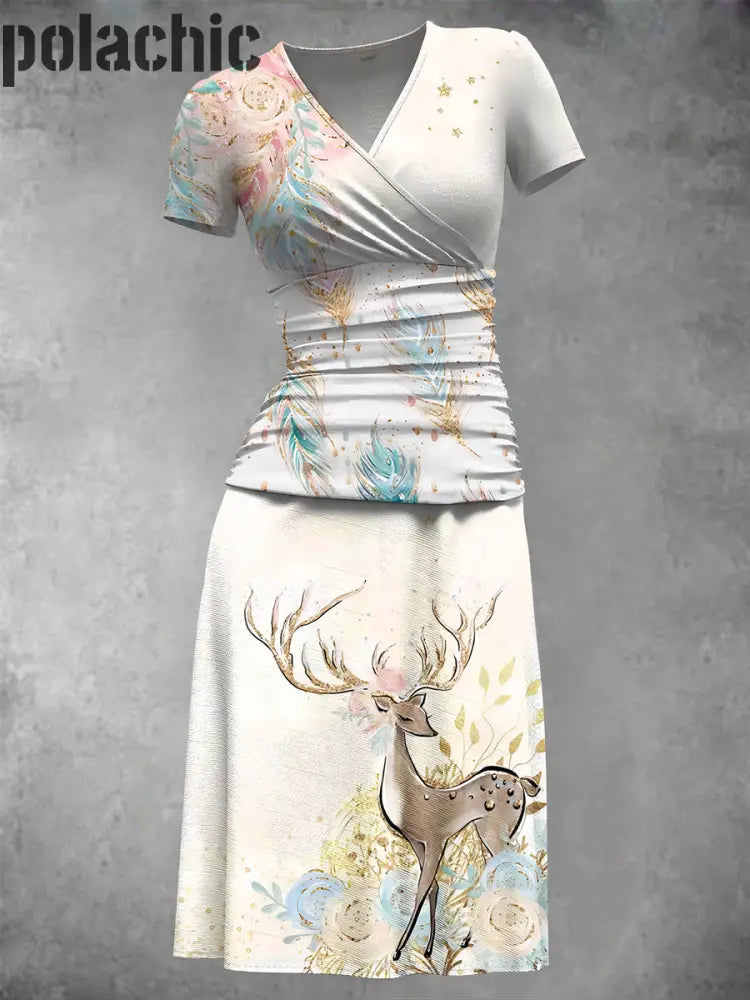 Retro Fawn Art Print V-Neck Midi Jupe Femme