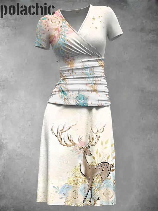 Retro Fawn Art Print V-Neck Midi Jupe Femme