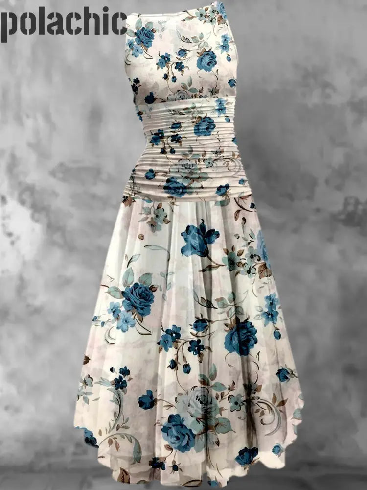 Rétro Feuille Floral Imprimé 50’S Élégant Chic En Mousseline De Soie Sans Manches Midi Robe A / S