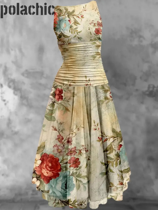 Rétro Feuille Floral Imprimé 50’S Élégant Chic En Mousseline De Soie Sans Manches Midi Robe A / S