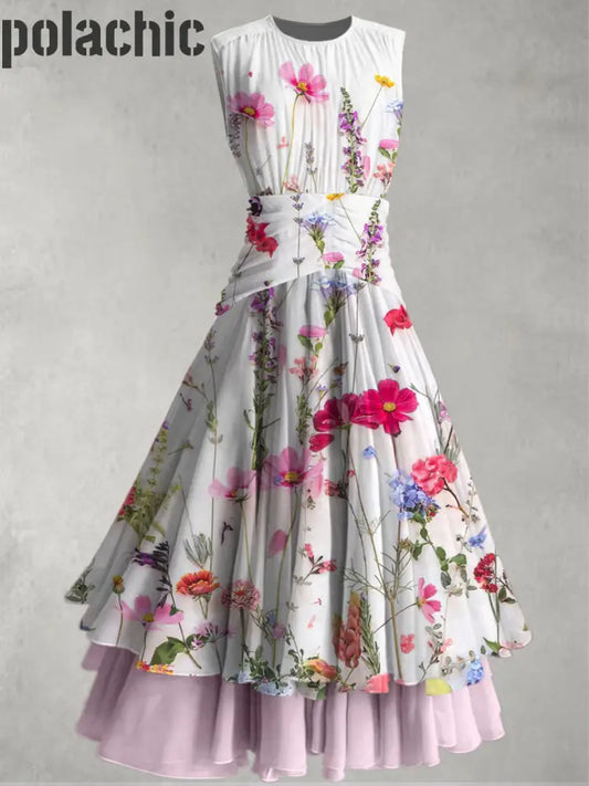 Rétro Feuille Imprimé Floral Élégant Chic En Mousseline De Soie Robe Maxi Sans Manches Des