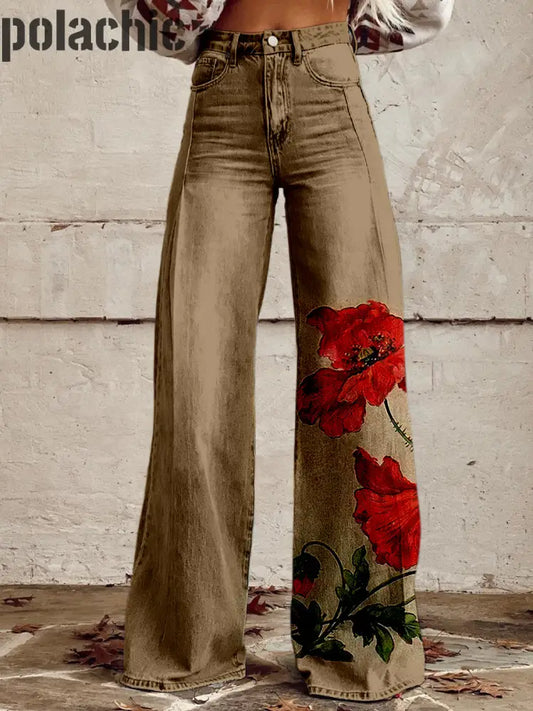 Rétro Fleurs Imprimé Vintage Western Chic Lâche Coton Boutons Pantalon A / S