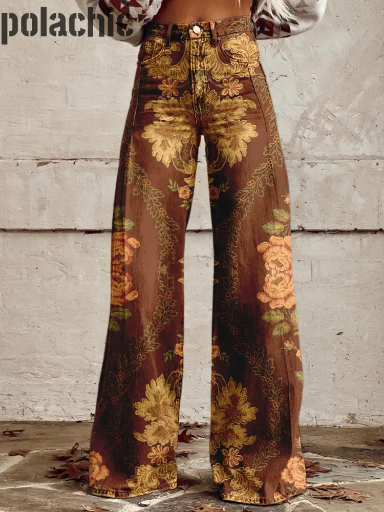 Rétro Fleurs Imprimé Vintage Western Chic Lâche Coton Boutons Pantalon A / S