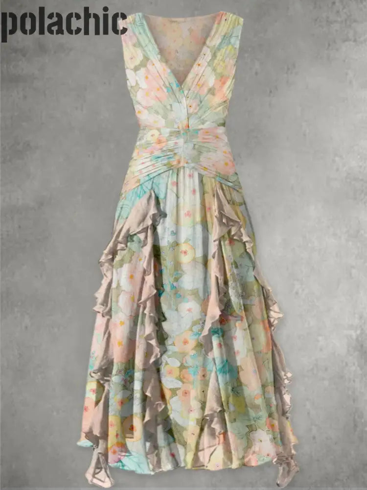 Rétro Floral Art Imprimé V-Cou Élégant Chic En Mousseline De Soie Sans Manches Maxi Dress A / S