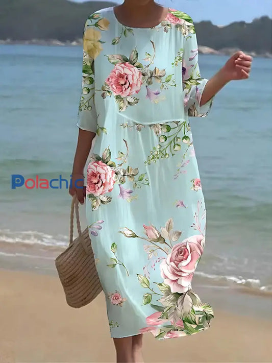 Rétro Floral Art Imprimer col rond Maxi robe des femmes