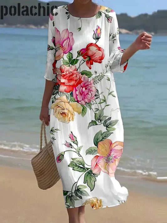 Rétro Floral Art Imprimer Col Rond Maxi Robe Des Femmes