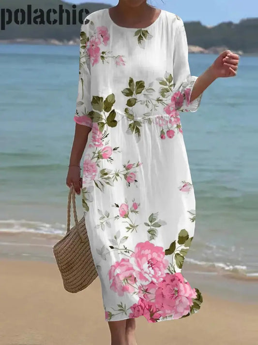 Rétro Floral Art Imprimer Col Rond Maxi Robe Des Femmes