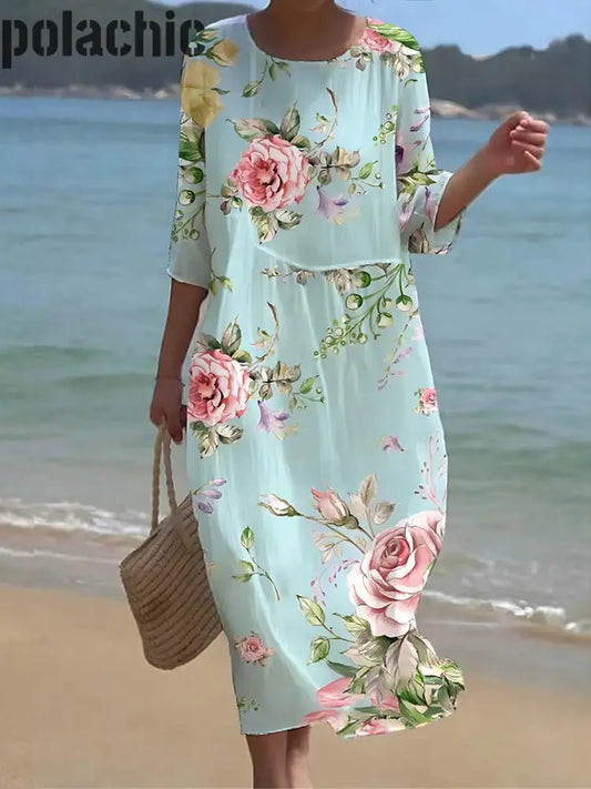 Rétro Floral Art Imprimer Col Rond Maxi Robe Des Femmes