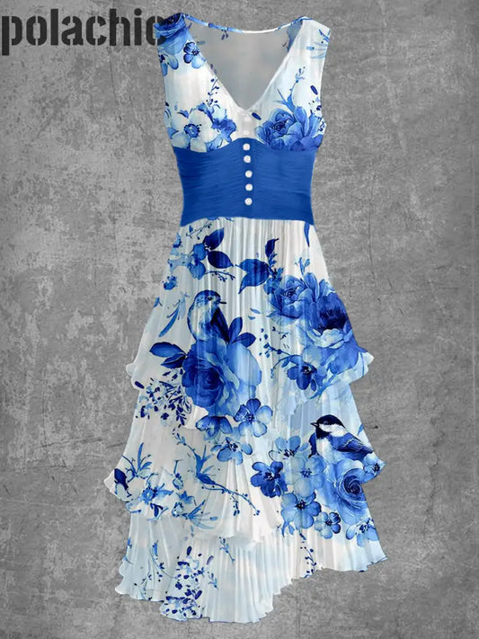 Rétro Floral Art Imprimer Sans Manches Col En V Boutonnée Élégante Robe Fluide Chic Midi A / S