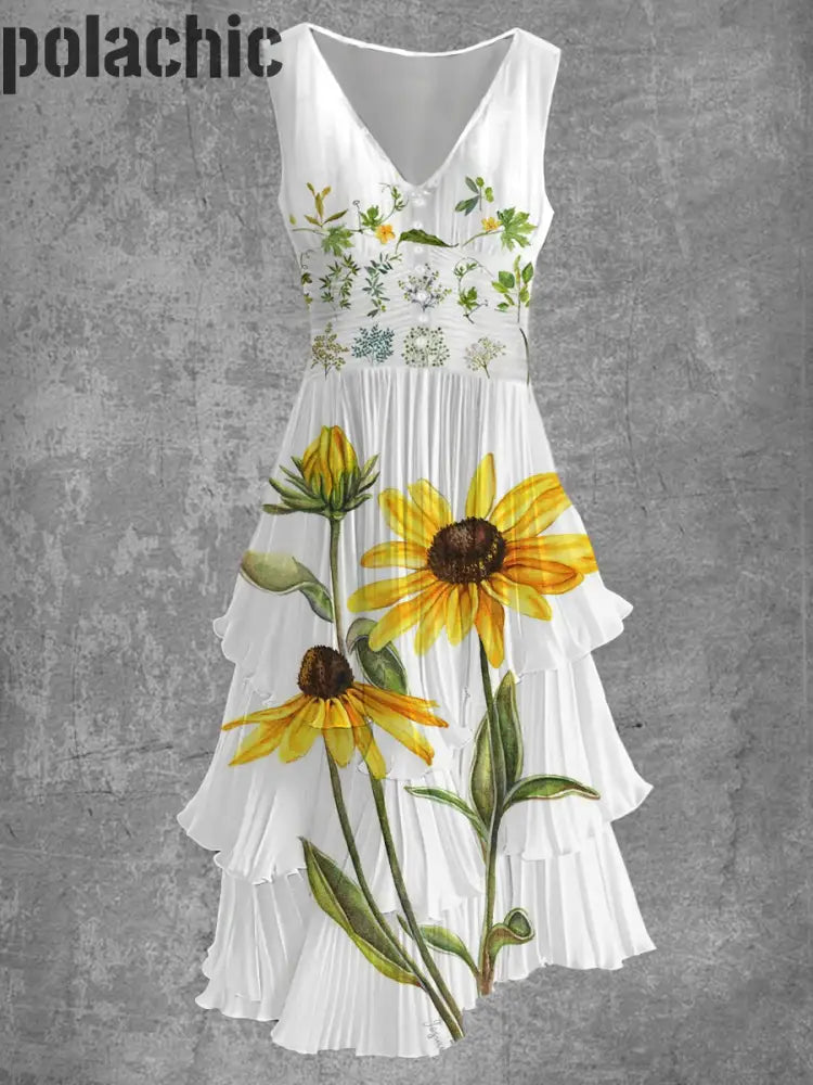 Rétro Floral Art Imprimer Sans Manches Col En V Boutonnée Élégante Robe Fluide Chic Midi A / S