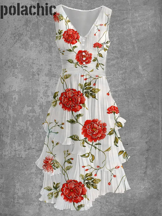 Rétro Floral Art Imprimer Sans Manches Col En V Boutonnée Élégante Robe Fluide Chic Midi A / S