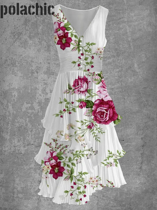 Rétro Floral Art Imprimer Sans Manches Col En V Boutonnée Élégante Robe Fluide Chic Midi A / S