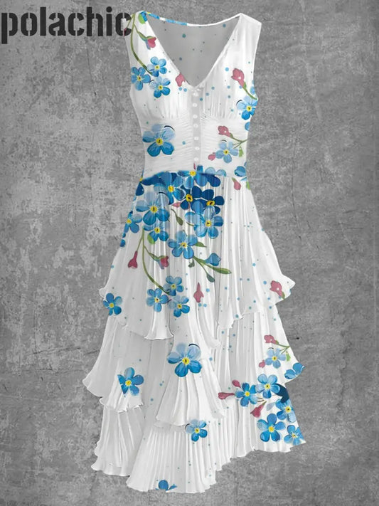 Rétro Floral Art Imprimer Sans Manches Col En V Boutonnée Élégante Robe Fluide Chic Midi A / S