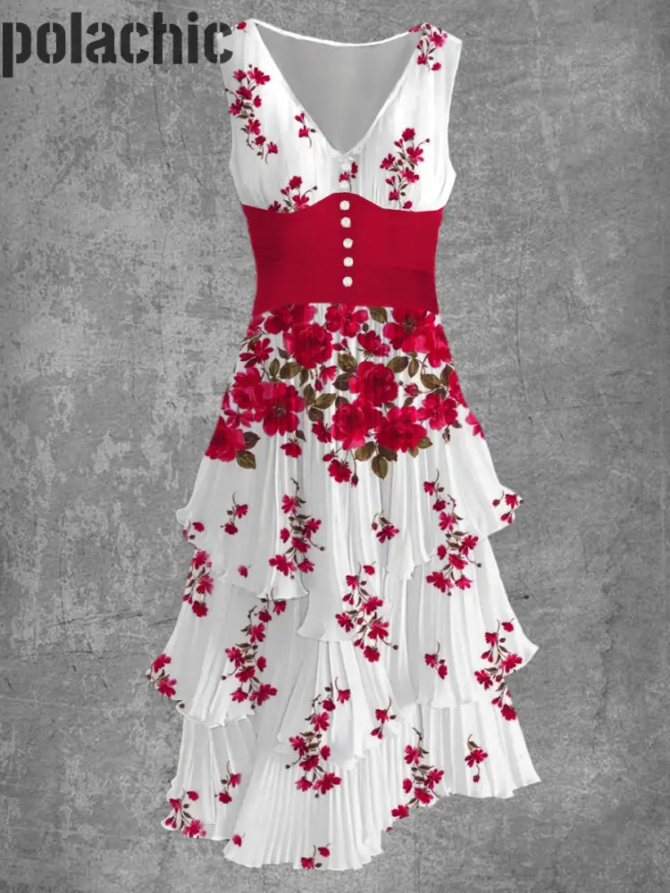 Rétro Floral Art Imprimer Sans Manches Col En V Boutonnée Élégante Robe Fluide Chic Midi A / S