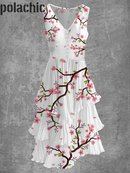 Rétro Floral Art Imprimer Sans Manches Col En V Boutonnée Élégante Robe Fluide Chic Midi A / S