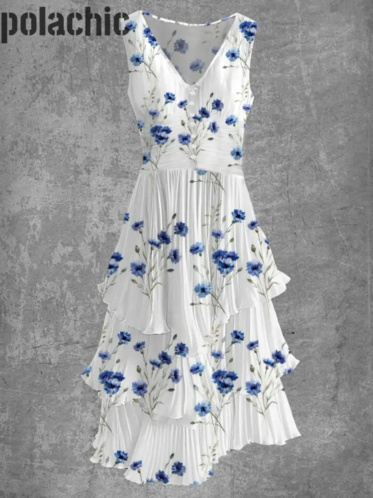 Rétro Floral Art Imprimer Sans Manches Col En V Boutonnée Élégante Robe Fluide Chic Midi A / S