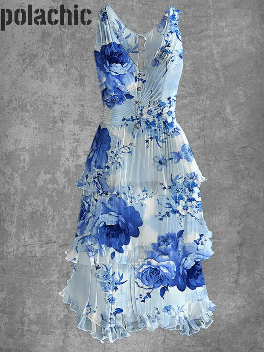 Rétro Floral Art Imprimer Sans Manches Col En V Boutonnée Élégante Robe Fluide Chic Midi A / S