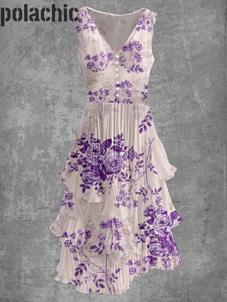 Rétro Floral Art Imprimer Sans Manches Col En V Boutonnée Élégante Robe Fluide Chic Midi A / S