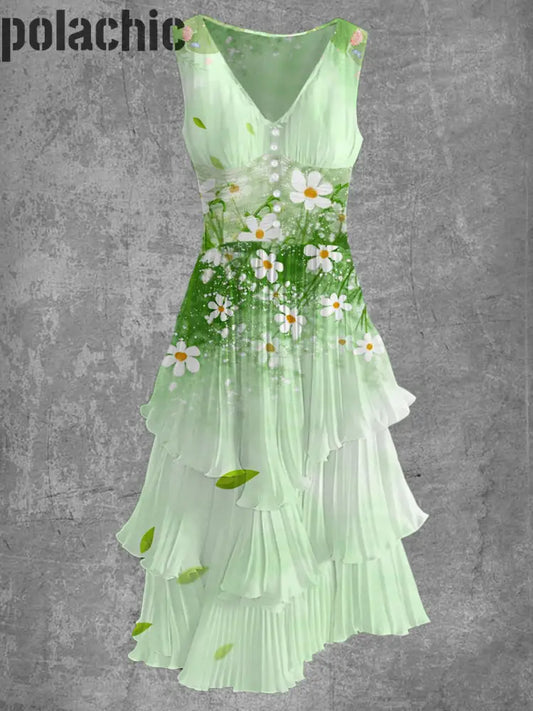 Rétro Floral Art Imprimer Sans Manches Col En V Boutonnée Élégante Robe Fluide Chic Midi A / S