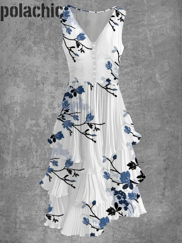 Rétro Floral Art Imprimer Sans Manches Col En V Boutonnée Élégante Robe Fluide Chic Midi A / S