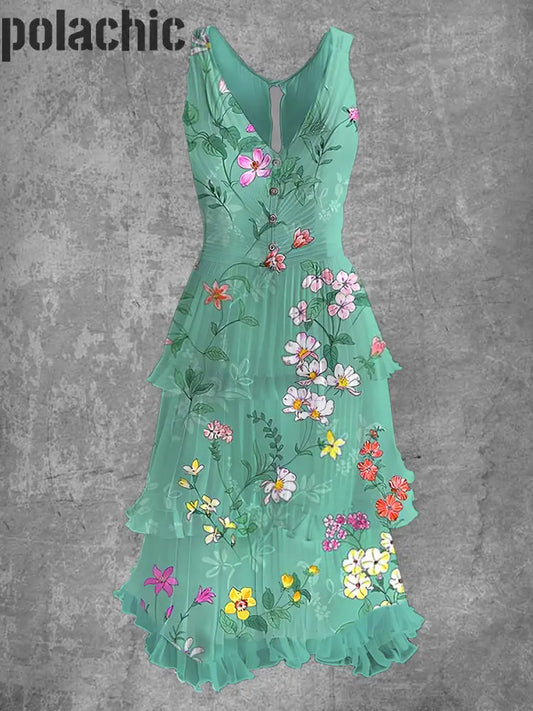 Rétro Floral Art Imprimer Sans Manches Col En V Boutonnée Élégante Robe Fluide Chic Midi A / S