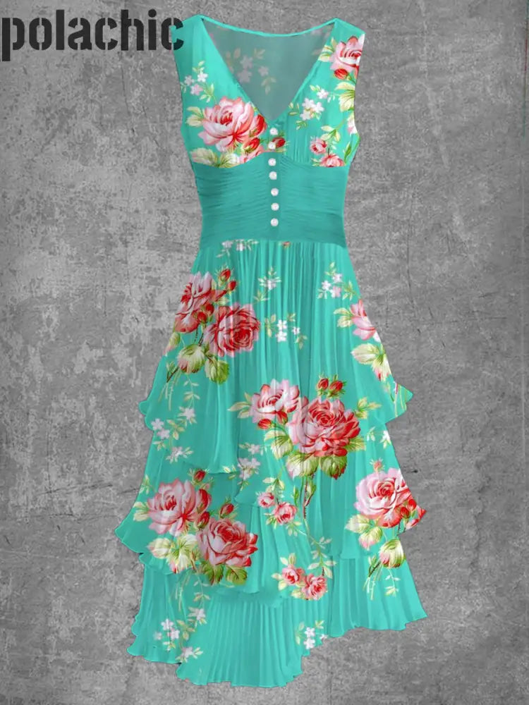 Rétro Floral Art Imprimer Sans Manches Col En V Boutonnée Élégante Robe Fluide Chic Midi A / S