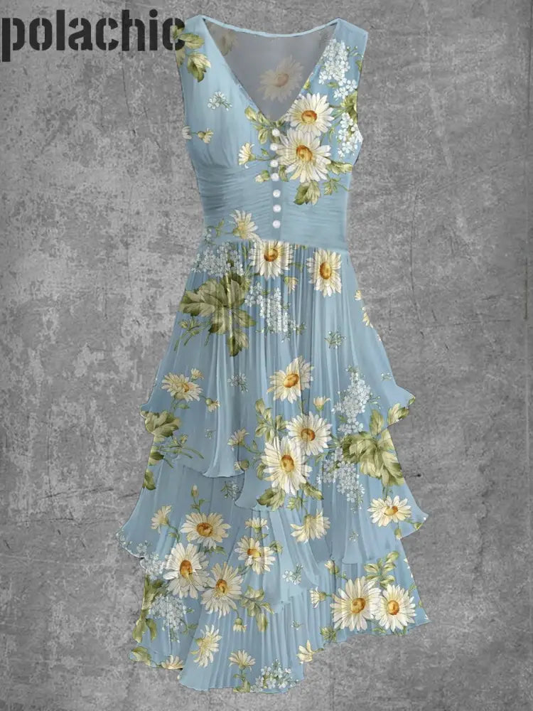 Rétro Floral Art Imprimer Sans Manches Col En V Boutonnée Élégante Robe Fluide Chic Midi A / S