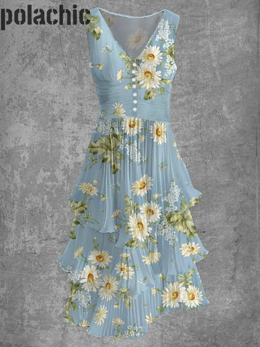 Rétro Floral Art Imprimer Sans Manches Col En V Boutonnée Élégante Robe Fluide Chic Midi A / S