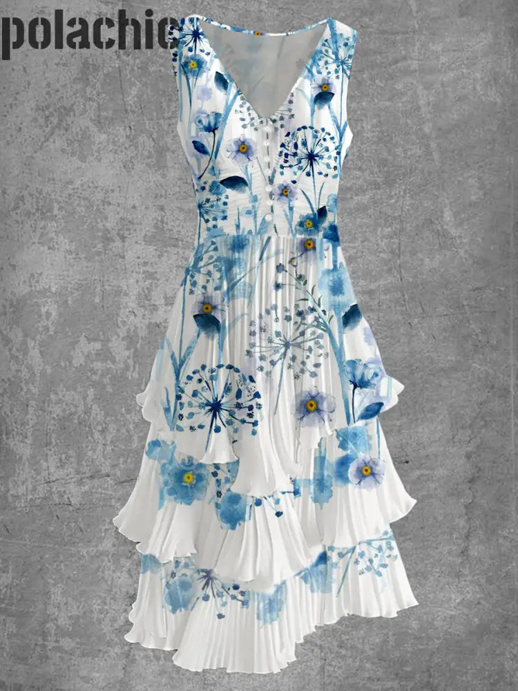 Rétro Floral Art Imprimer Sans Manches Col En V Boutonnée Élégante Robe Fluide Chic Midi A / S