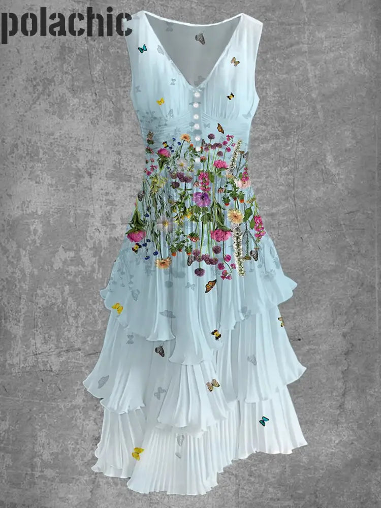 Rétro Floral Art Imprimer Sans Manches Col En V Boutonnée Élégante Robe Fluide Chic Midi A / S