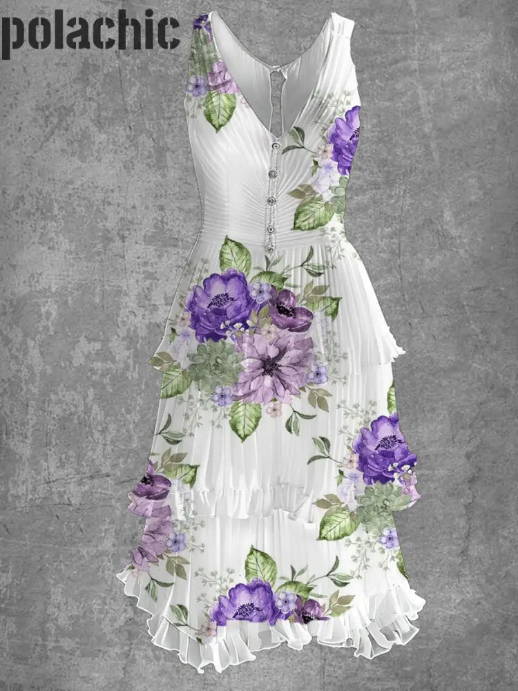 Rétro Floral Art Imprimer Sans Manches Col En V Boutonnée Élégante Robe Fluide Chic Midi A / S