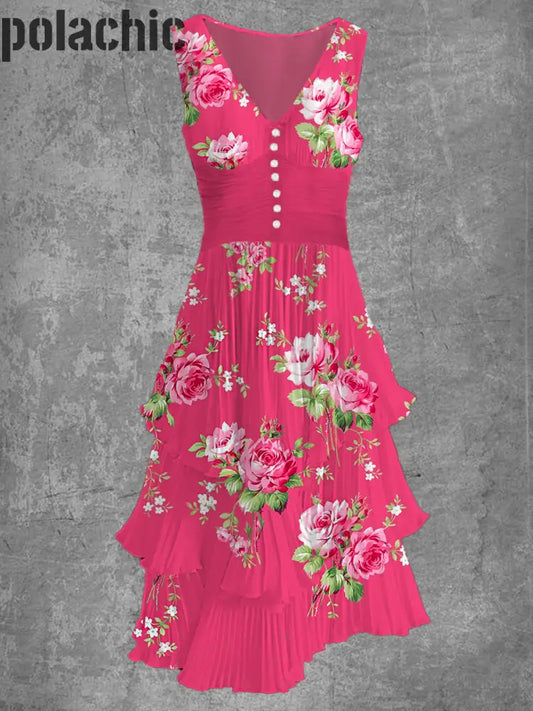 Rétro Floral Art Imprimer Sans Manches Col En V Boutonnée Élégante Robe Fluide Chic Midi A / S