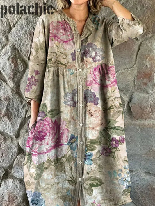 Rétro Floral Art Patchwork Imprimer Chic V-Cou Trois-Quarts Manches Bouton Élégant Midi Robe A / S