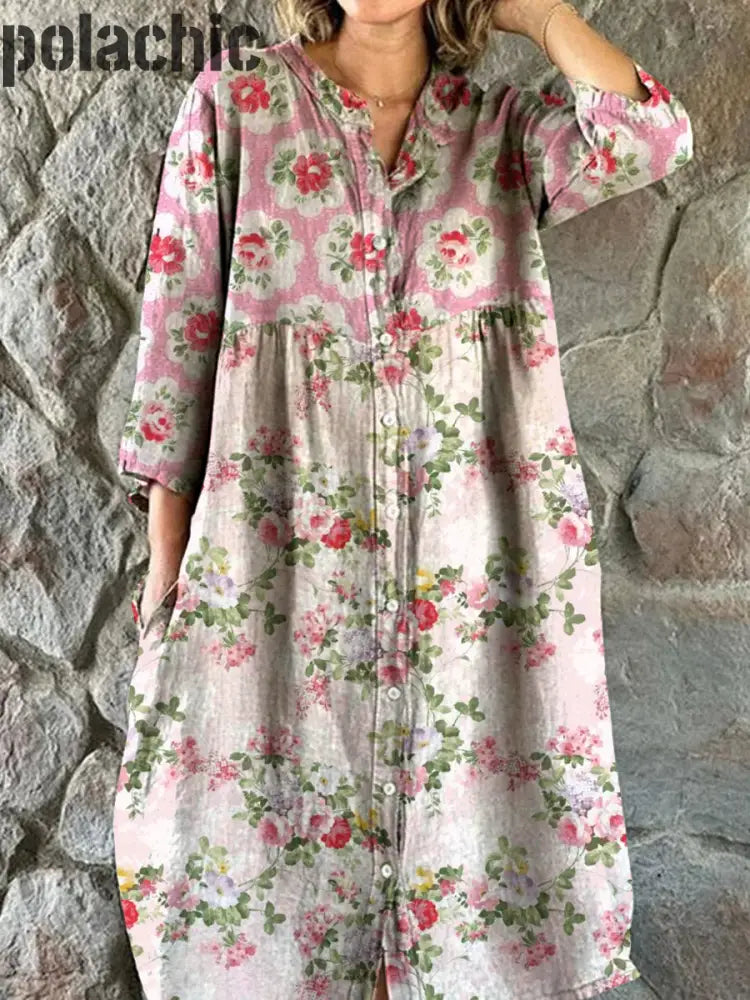 Rétro Floral Art Patchwork Imprimer Chic V-Cou Trois-Quarts Manches Bouton Élégant Midi Robe A / S