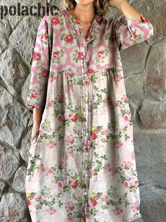 Rétro Floral Art Patchwork Imprimer Chic V-Cou Trois-Quarts Manches Bouton Élégant Midi Robe A / S