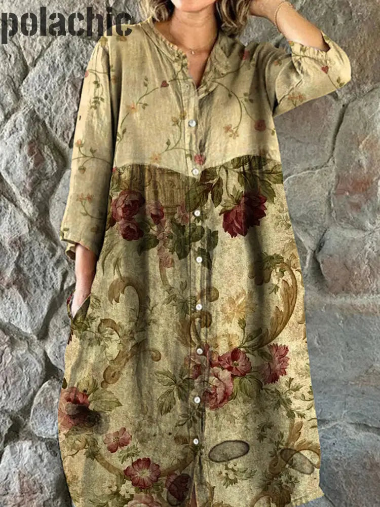 Rétro Floral Art Patchwork Imprimer Chic V-Cou Trois-Quarts Manches Bouton Élégant Midi Robe A / S