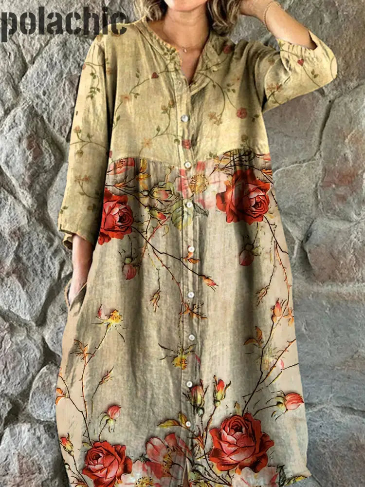 Rétro Floral Art Patchwork Imprimer Chic V-Cou Trois-Quarts Manches Bouton Élégant Midi Robe A / S