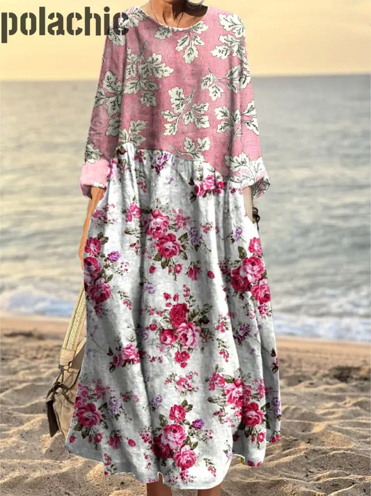 Retro Floral Art Pattern Print Pocket Robe Élégante En Coton Pour Femmes A / S