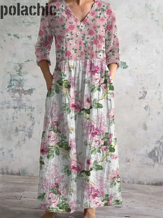 Rétro Floral Art Print Chic Col En V Manches Trois-Quarts Élégante Robe Midi A / S